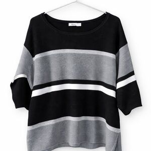 Reitmans Black, Gray & White Striped Scoop-Neck Long Sleeve Tee